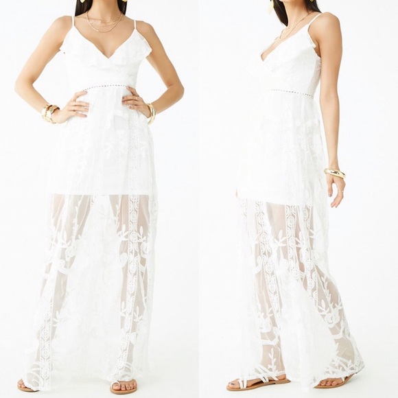 Embroidered Mesh White Maxi Dress - Picture 3 of 8
